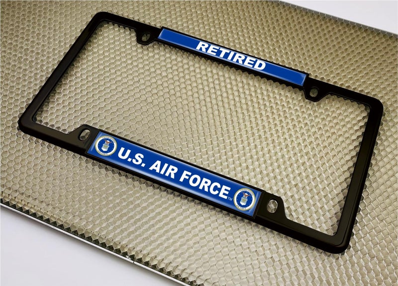 BestLicensePlateFrames [Officially Licensed Product] - USAF - U.S. Air Force Retired - Domed Custom-Made Personalized Narrow (Thin) Top 4 Hole Metal Car License Plate Frame with Free caps - Black Frame (Qty: 1) - Image 5